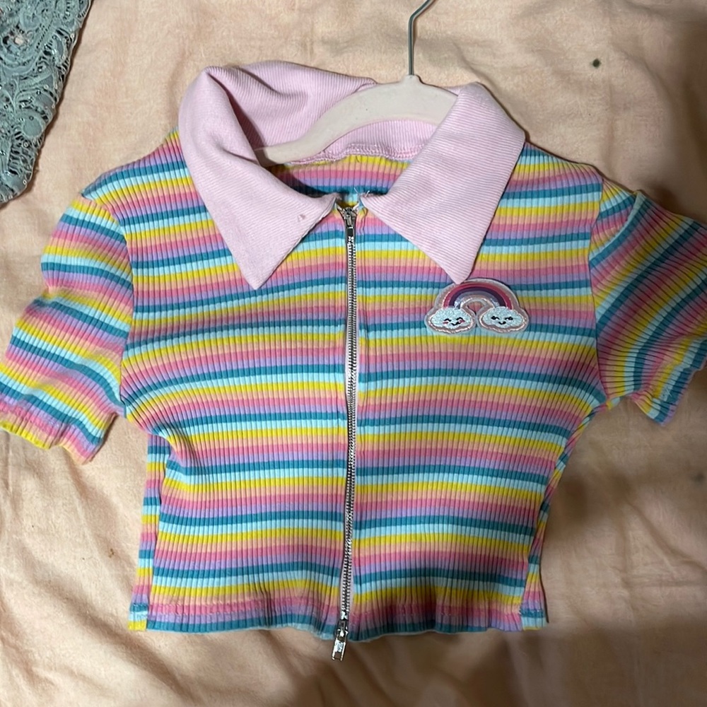 Rainbow zip up crop top with cloud on left side